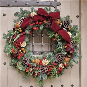 fwthumbChristmas door wreath, red velvet ribbon, Lilys Flowers Surrey copy.jpg
